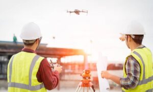 Drone survey crew on a construction site using aerial surveying to capture accurate site measurements