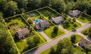 A cadastral surveyor’s view of property boundary lines shown from above across a residential neighborhood