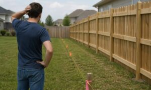 Homeowner standing in a backyard looking at a fence line and ground markers while checking the boundary before building a fence