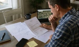Homeowner reviewing property documents before calling a local surveyor