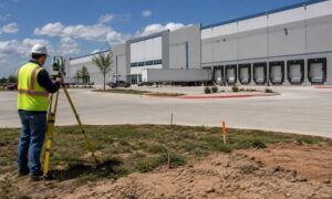 Land surveyor reviewing an ALTA survey at a warehouse site in Oklahoma City