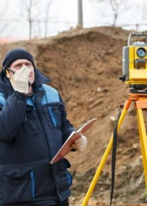 Licensed land surveyor using surveying equipment to perform a boundary survey 
