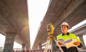 Land surveyor using a total station under an elevated highway during a boundary survey at a large infrastructure project site.