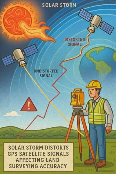 Illustration showing how a solar storm distorts GPS satellite signals and affects land surveying accuracy
