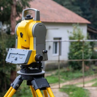 Total station on a tripod used to verify aerial surveying accuracy with ground control points and checkpoints
