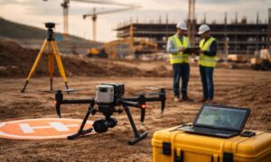 Grounded drone construction site airspace delay - ALTA SURVEY Oklahoma Drone prepared for survey mapping sitting on a landing pad at a construction site while engineers review project data