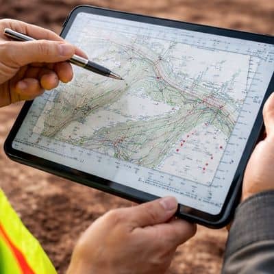 Licensed land surveyor reviewing a detailed topographic survey map on a tablet at an active construction site