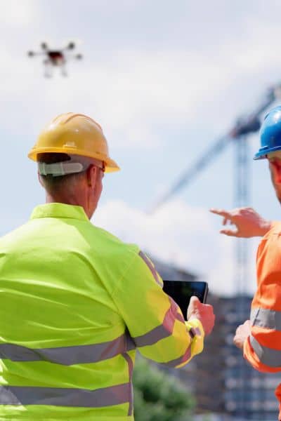 Engineers observing a drone collecting aerial data during an ALTA land survey at a commercial construction site