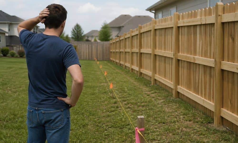 Homeowner standing in a backyard looking at a fence line and ground markers while checking the boundary before building a fence