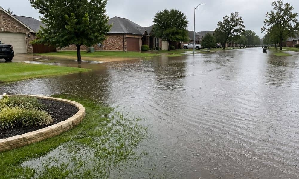 Flooded residential street after a heavy storm with water pooling near homes and driveways