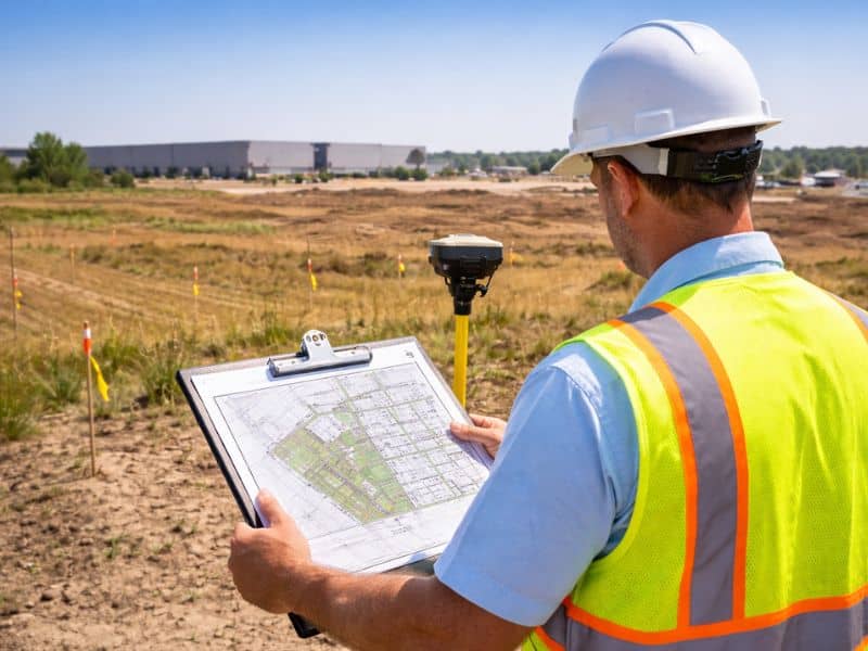 Surveyor performing an alta land survey on a commercial property in Oklahoma, OK to verify boundaries and easements