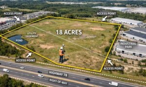 Aerial view of a commercial property in an ALTA land survey showing access points, utility easements, and highway right-of-way