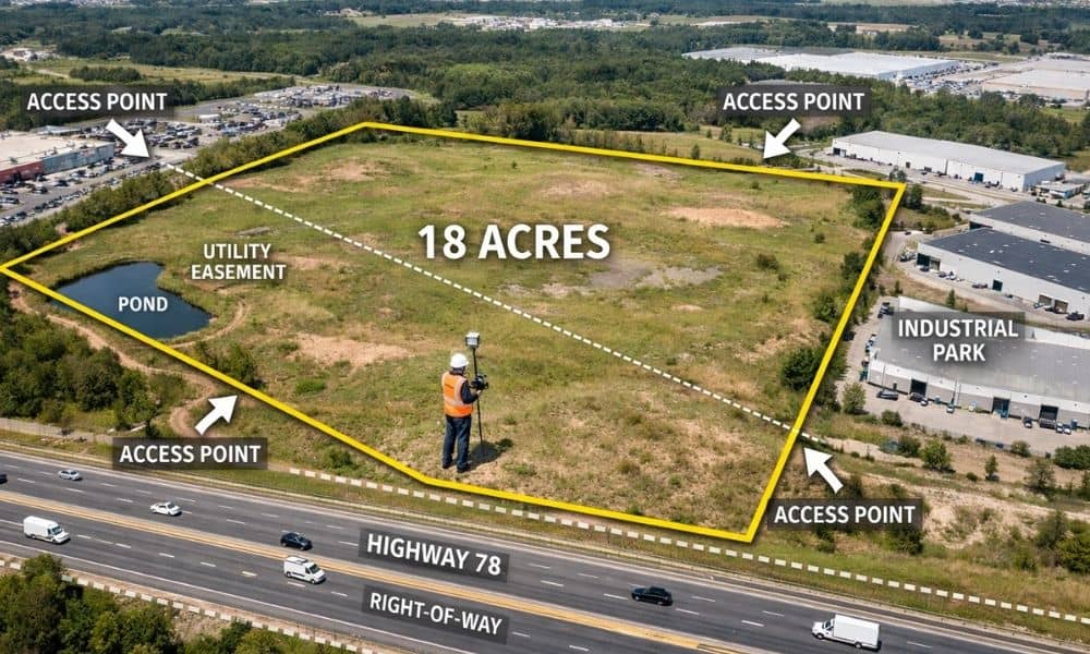 Aerial view of a commercial property in an ALTA land survey showing access points, utility easements, and highway right-of-way
