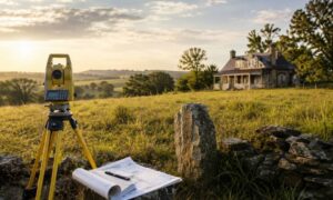 Surveying equipment on a large rural property, where property survey cost often depends on acreage and older land records