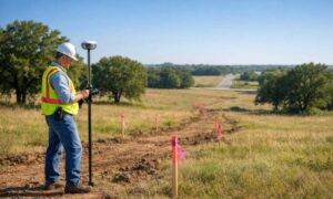 Land surveying access road planning - ALTA SURVEY Oklahoma A surveyor performs land surveying with GPS equipment while marking a proposed access road on an undeveloped property