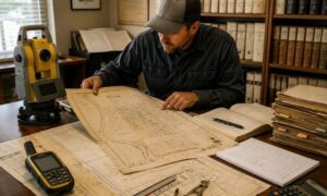 Land surveyor reviewing old plat records - ALTA SURVEY Oklahoma Land surveyor reviewing historic plat records, property maps, and land documents before conducting a boundary survey
