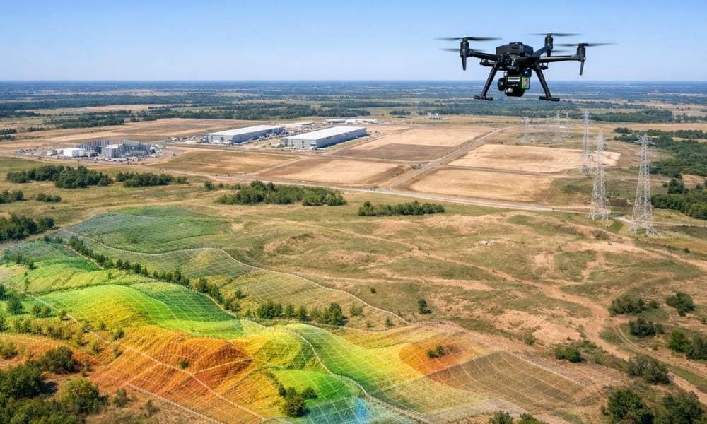 Lidar mapping data center site planning - ALTA SURVEY Oklahoma Drone performing LiDAR mapping over a large development site to support data center site planning, terrain analysis, and infrastructure design