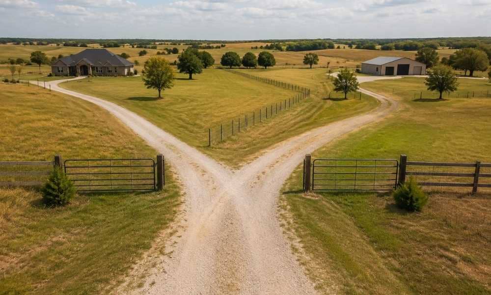 Land surveyor near me reviewing a shared driveway between rural properties in Oklahoma