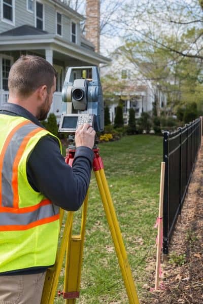 Land surveyor taking field measurements along a residential property line
